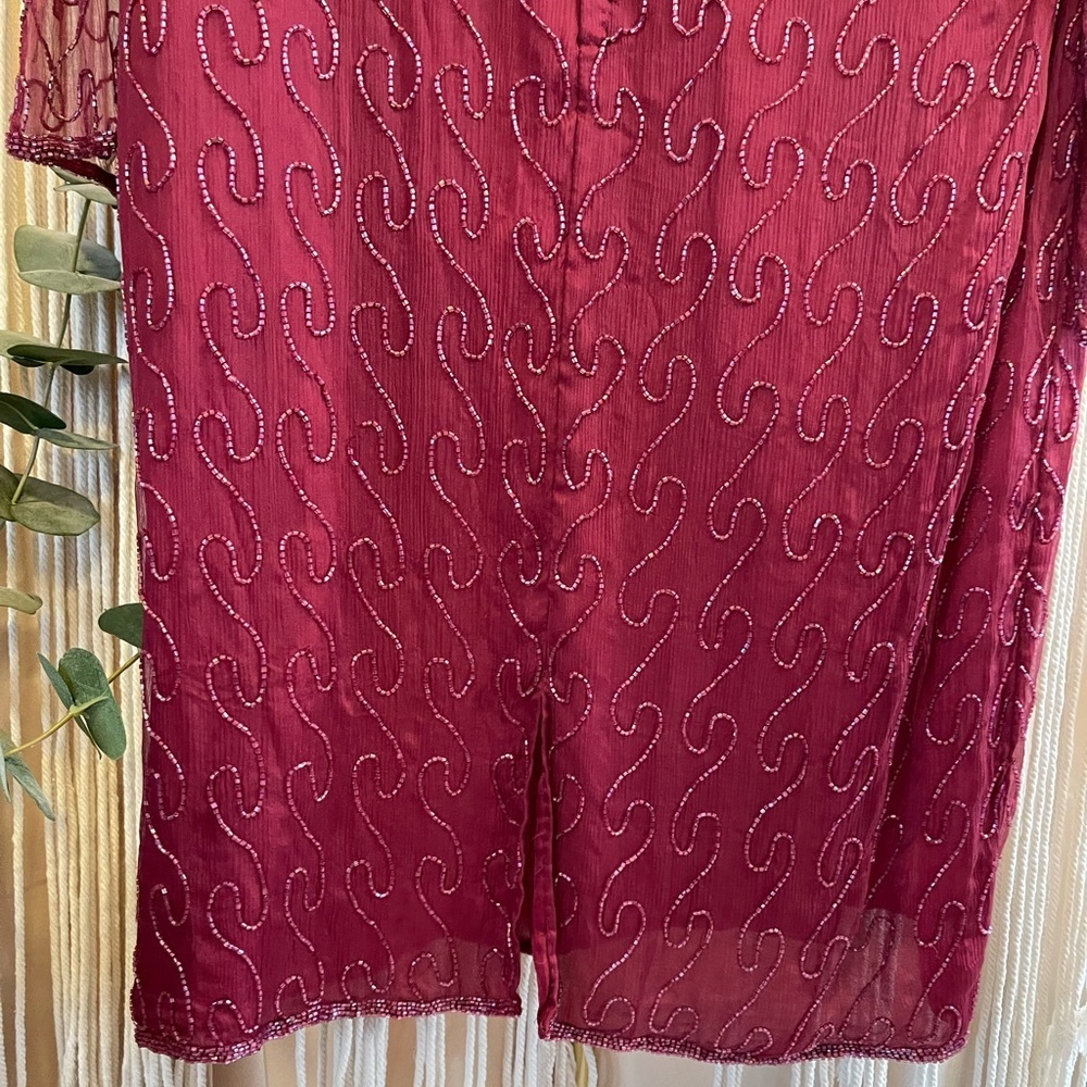 Vintage beaded, burgundy, long-sleeve cocktail sheer overlay dress - Picture 7 of 10